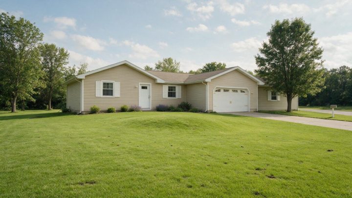 Single-story beige ranch house with an attached one-car garage and a concrete driveway, fronted by a wide mown lawn with a low grassy mound and framed by mature trees under a partly cloudy sky.