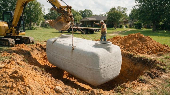 A new precast concrete septic tank with two round riser openings hangs from chain slings on an excavator boom as it is lowered into a freshly dug pit in a grassy yard, with a hard-hatted worker in a hi-vis vest steadying it by a rope beside a flatbed truck.