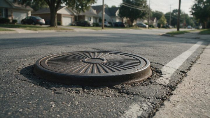 Cast iron municipal sewer manhole cover with a radial ribbed pattern set slightly proud of cracked asphalt in a paved residential street, with houses, driveways and parked cars blurred in the background.
