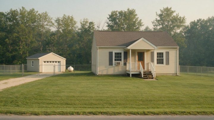 Small pale yellow rural house with a brown gable roof, covered porch and detached garage, set behind a wide mown lawn and chain-link fence along a narrow country road with no curb or sidewalk.