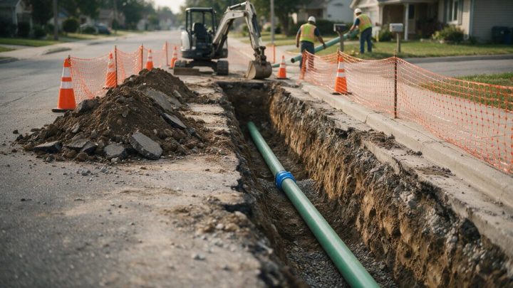 Open trench cut along the curb of a residential street with a green sewer pipe laid in the bottom, excavated soil and broken asphalt piled alongside, orange cones and safety fencing, a compact excavator and two workers in hard hats and hi-vis vests handling pipe near a house