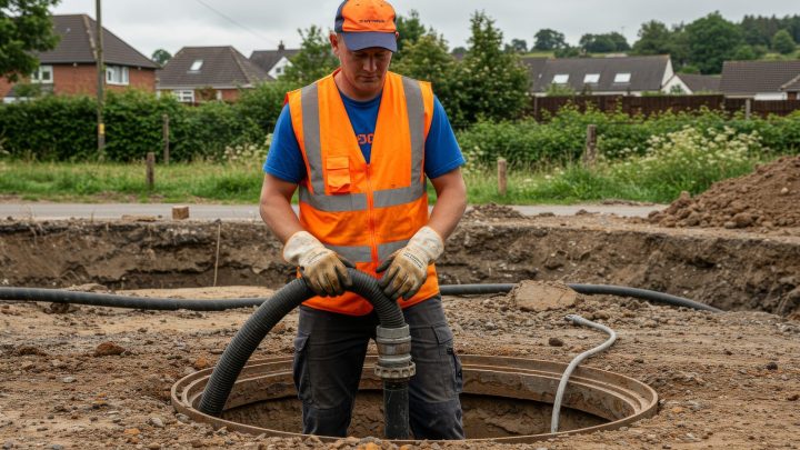 Worker performing maintenance on an open sewer system