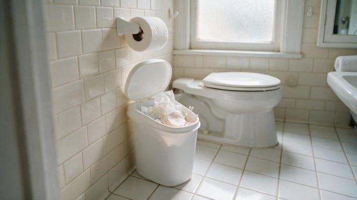 Open lidded white wastebasket on the tile floor of a white bathroom, filled with crumpled wipes, round cotton pads and cotton swabs, next to a toilet and a roll of toilet paper.