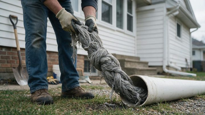 Gloved hands pulling a thick twisted rope of matted grey wet wipes out of the open end of a white plastic drain pipe lying on the grass beside a house.