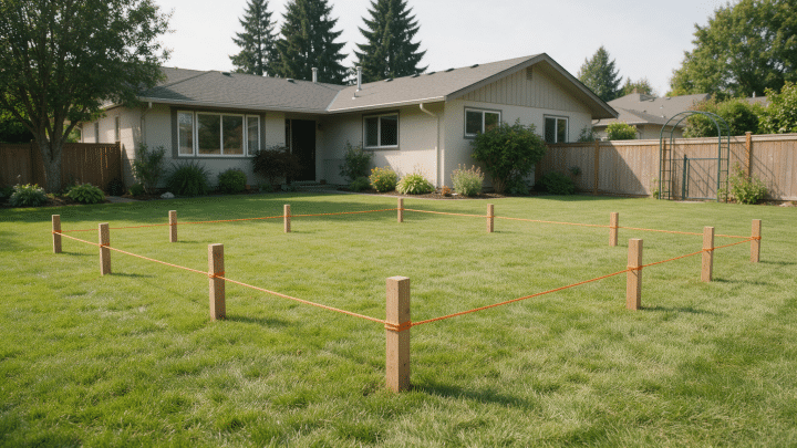 Wooden survey stakes joined by orange string outlining a large rectangle on a suburban back lawn beside a single-story house