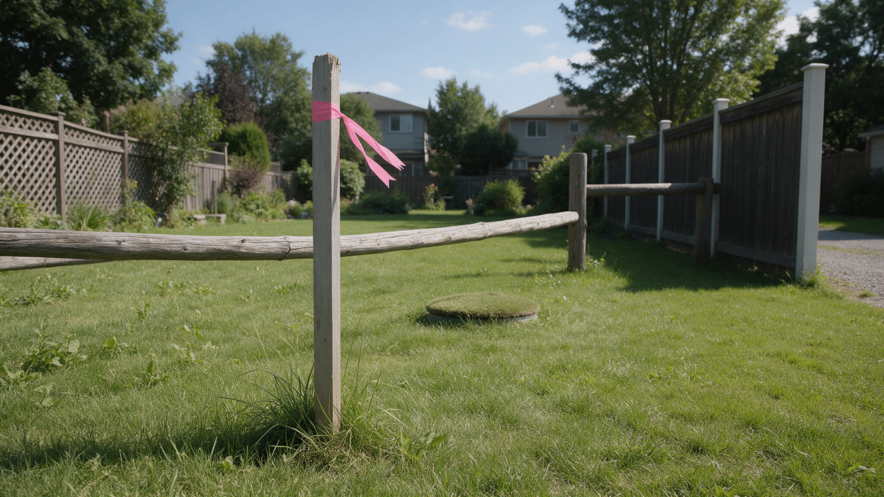 A pink-flagged survey stake at a backyard fence line with a round septic tank access lid visible in the lawn nearby