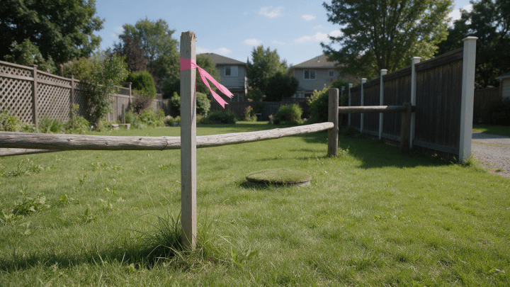 A pink-flagged survey stake at a backyard fence line with a round septic tank access lid visible in the lawn nearby