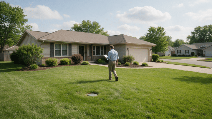 Home appraiser walking across a suburban front yard past a round septic access lid toward a single-story house