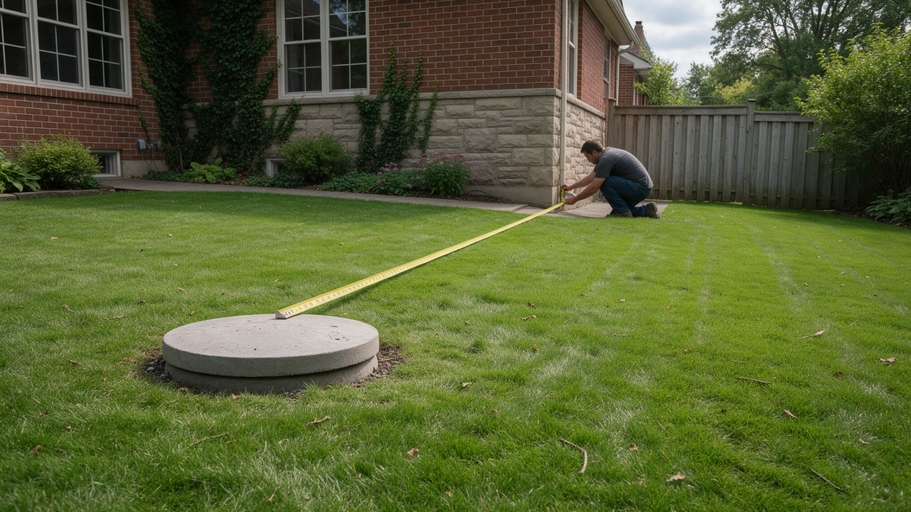 A tape measure stretched across a lawn from a round concrete septic tank lid to a house's stone foundation, with a man kneeling to read it