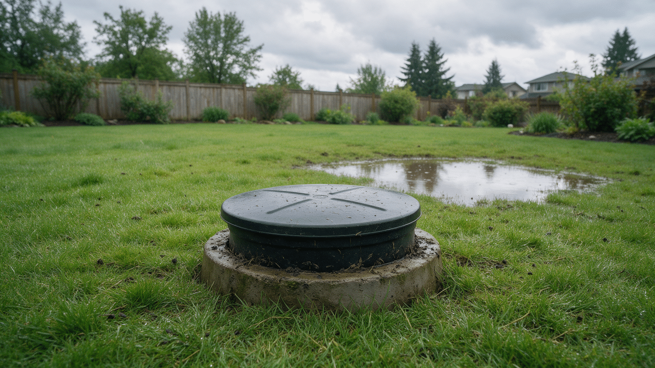 A round septic tank access lid on a concrete riser in a wet backyard lawn, with a shallow rainwater puddle pooling a few feet away