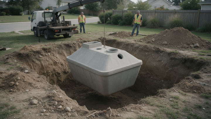 A large precast concrete septic tank being lowered by a truck-mounted crane into an excavated backyard pit, with two workers in safety vests watching from a distance