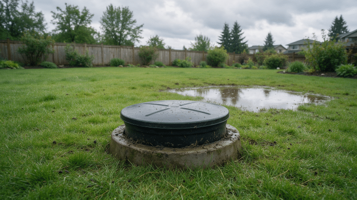 A round septic tank access lid on a concrete riser in a wet backyard lawn, with a shallow rainwater puddle pooling a few feet away